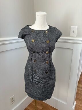Kimchi Blue Gray Linen Blend Gold Button Mini Dress Size S